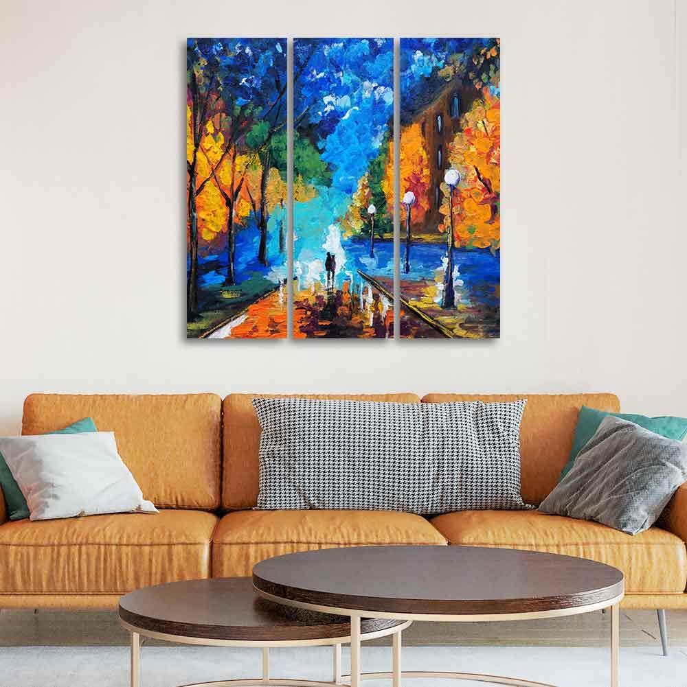 VIBECRAFTS Couple Walking In City Park 3 Pieces Canvas Wall Painting Fitted With Wooden Frame For Home | Office | Living Room | Gifts (PTVC3Pcs1_9517)