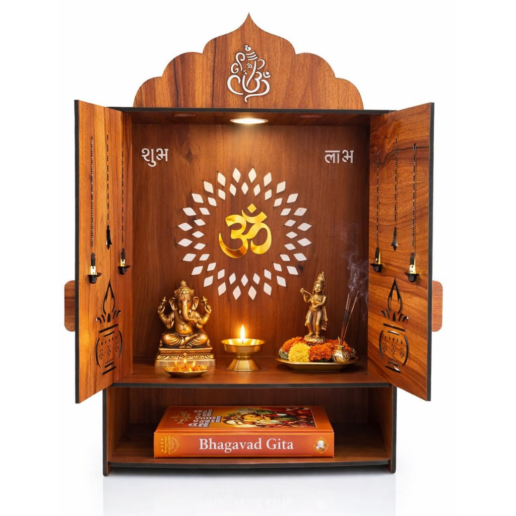 Gloridec Wooden DIY Pooja Temple for Home with Door | Pooja mandir with Door Wall Mounted Temple with LED Light | Home Mandir for Puja Room, Living Room & Office (49 x 30 x 20 CM)