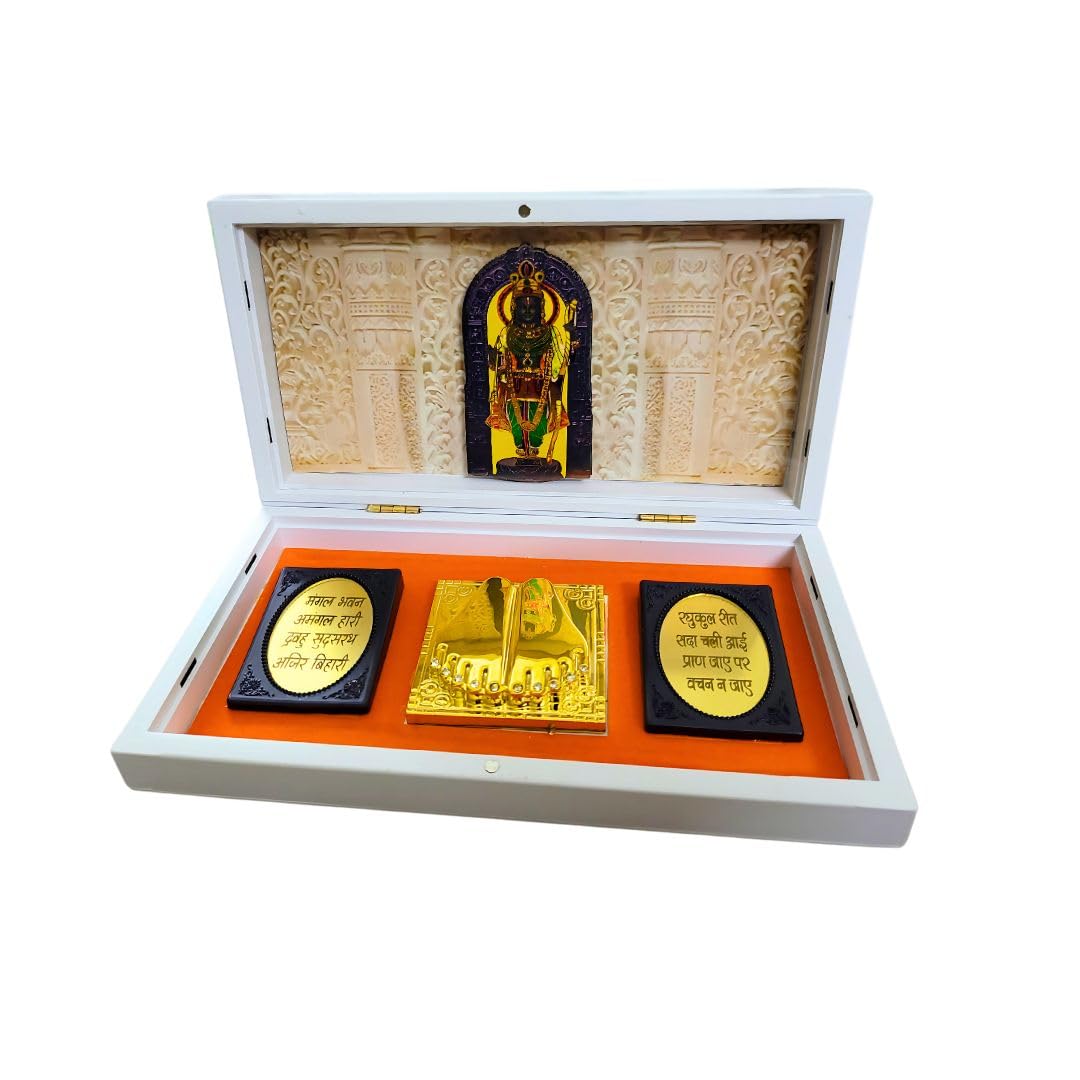 Enchanting Krystals Soulwise Newyear Gift for Home & Office | Ram Lalla Ram Mandir Gold Plated Charan Paduka Pocket Temple – Portable Temple for Daily Pooja, Divine Peace & Blessings.