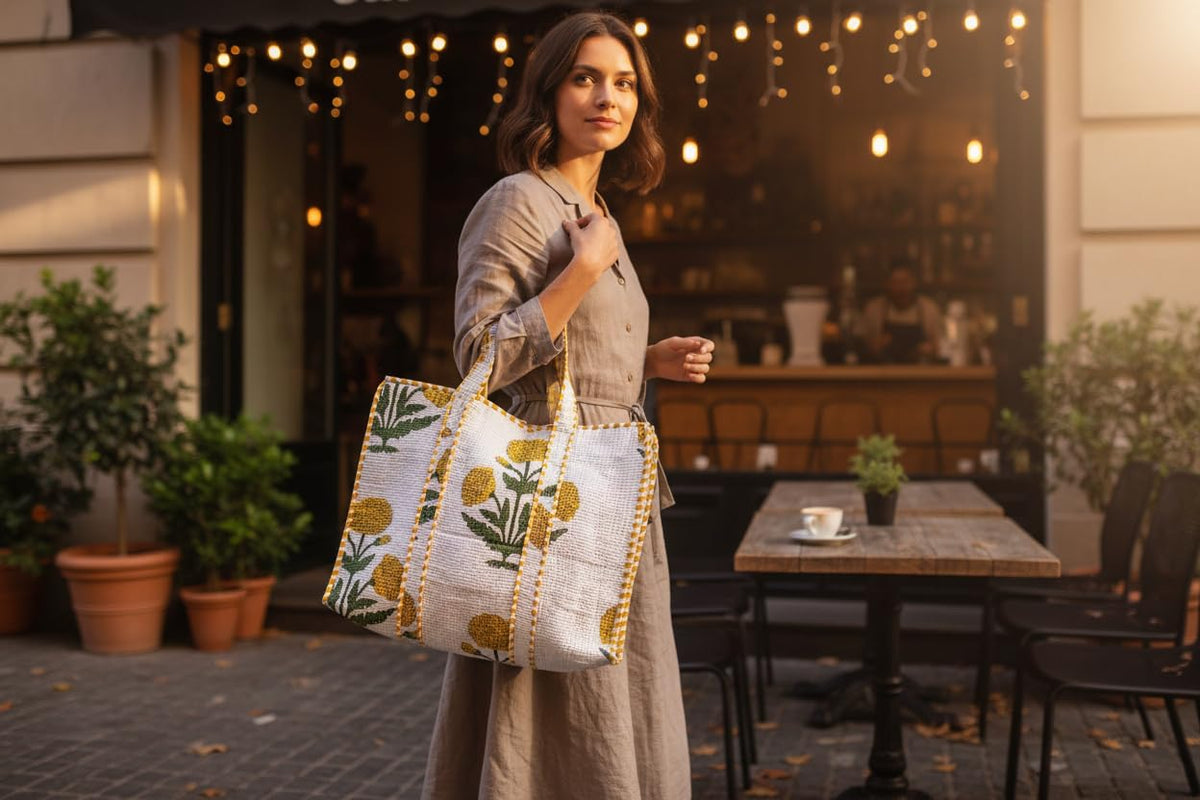 QRUBIS Quilted Cotton Tote Bag, Jungle Flower Safari Tropical Print, Large, Double Handle, 18x6x18 Inches, Unisex, White-yellow Flower, Large