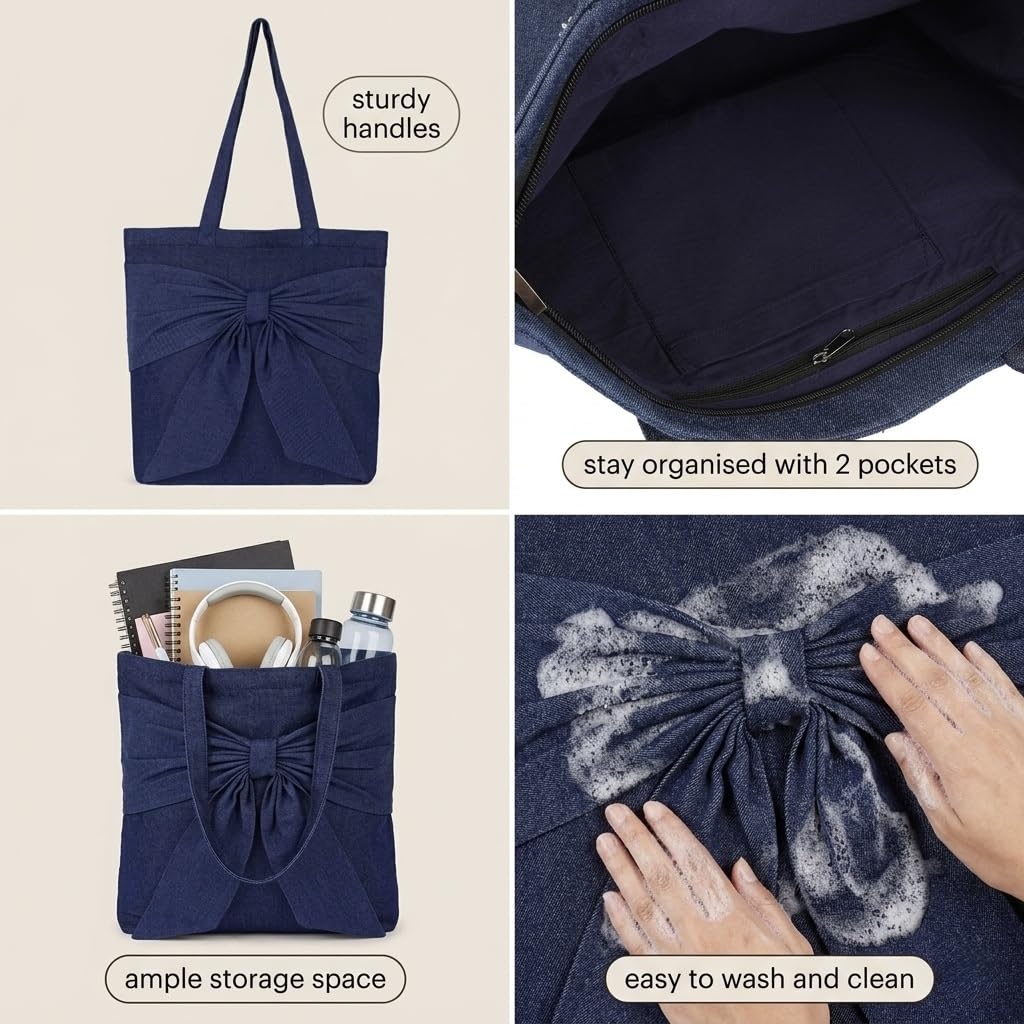 MASQ Cute Genes Foldable Reusable Tote Bag for Women with Zip & dual inner Pockets | College Bag for Girls | The Big Bow Design Tote for College, Shopping, Travel & Beach | Shoulder Bag | Eco-friendly