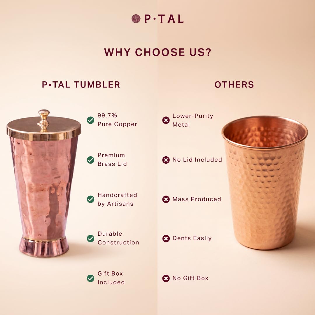 P-TAL Tumbler with Lid Serving Copper Glass with Brass Lid Tamba Glass with Ayurvedic Health Benefits Ptal Brass and Copper Utensils (600 ml Tumbler Glass)