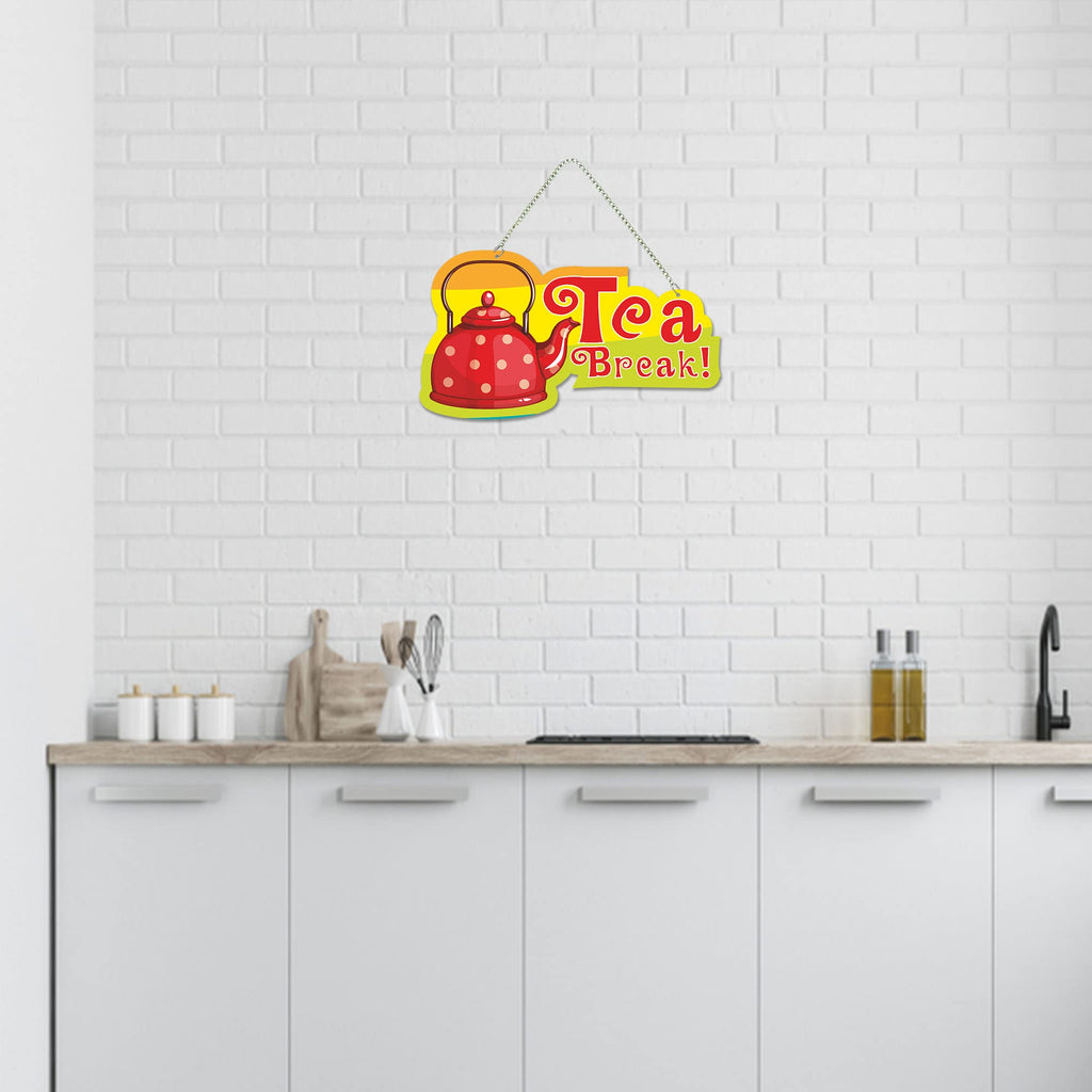Artvibes Tea Break Wooden Wall Hanging for Livng Room | Quotes Decor Item | Printed Wall Decoration for Dining Room | Wall Illustrations | Graphic Print Artwork | Unique Gift | Cafe Decor (WH_5511N)