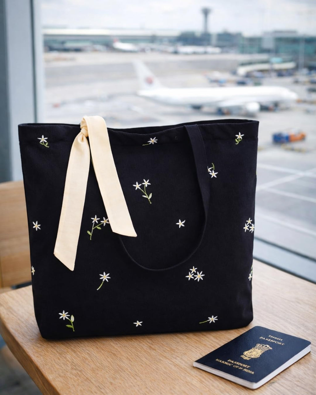 MASQ Premium ToteBag for Women with Zipper | Embroidered Foldable Shoulder Bag with Multiple Pockets | Spacious Handbag for College & Office | Eco-Friendly & Reusable