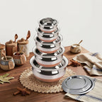 GaxQuly Stainless Steel Copper Bottom Urli Handi Set Kitchen Serving, Cooking Bowl Cookware Set | Milk Pan Tea & Coffee Punjabi Biryani Pot tapeli patila 0.5/0.75/1/1.25/1.5 Liter (Lid Handi 5pcs)