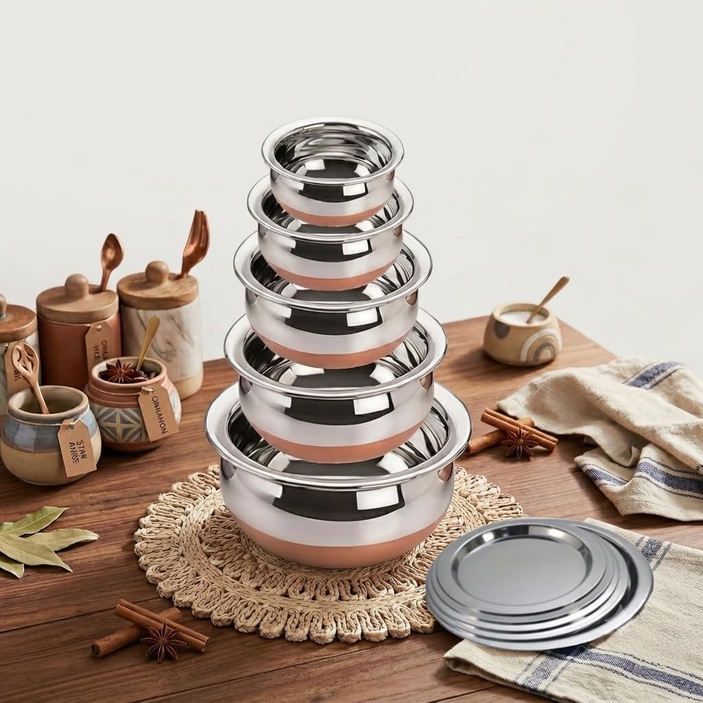 GaxQuly Stainless Steel Copper Bottom Urli Handi Set Kitchen Serving, Cooking Bowl Cookware Set | Milk Pan Tea & Coffee Punjabi Biryani Pot tapeli patila 0.5/0.75/1/1.25/1.5 Liter (Lid Handi 5pcs)