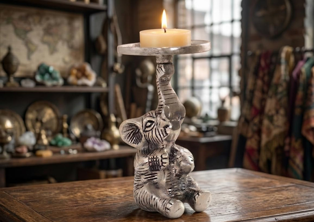 Kridaykraft Baby Elephant Figurine T-Light Candle Holder Silver (15 cm, 300 gm) — Decorative Sitting Elephant Showpiece for Home Decor, Diwali Gifting, and Table Accents. (Candle Not Included)