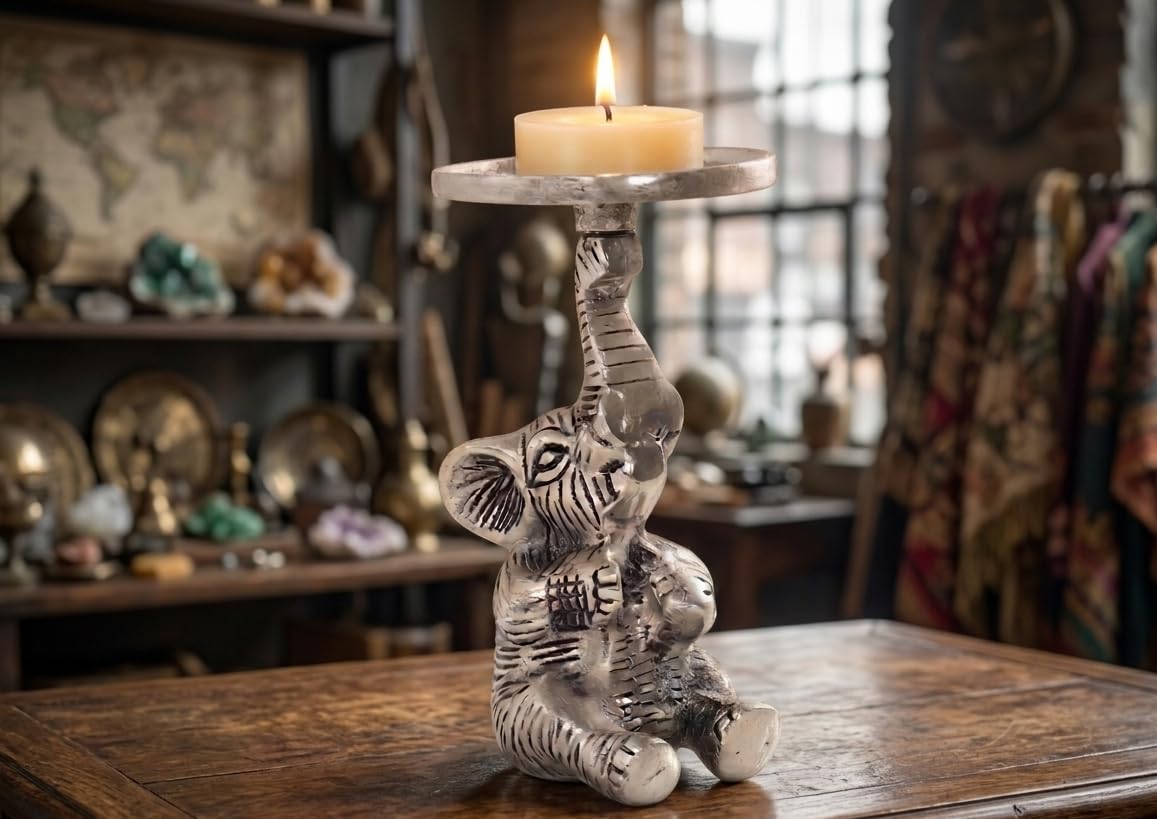Kridaykraft Baby Elephant Figurine T-Light Candle Holder Silver (15 cm, 300 gm) — Decorative Sitting Elephant Showpiece for Home Decor, Diwali Gifting, and Table Accents. (Candle Not Included)