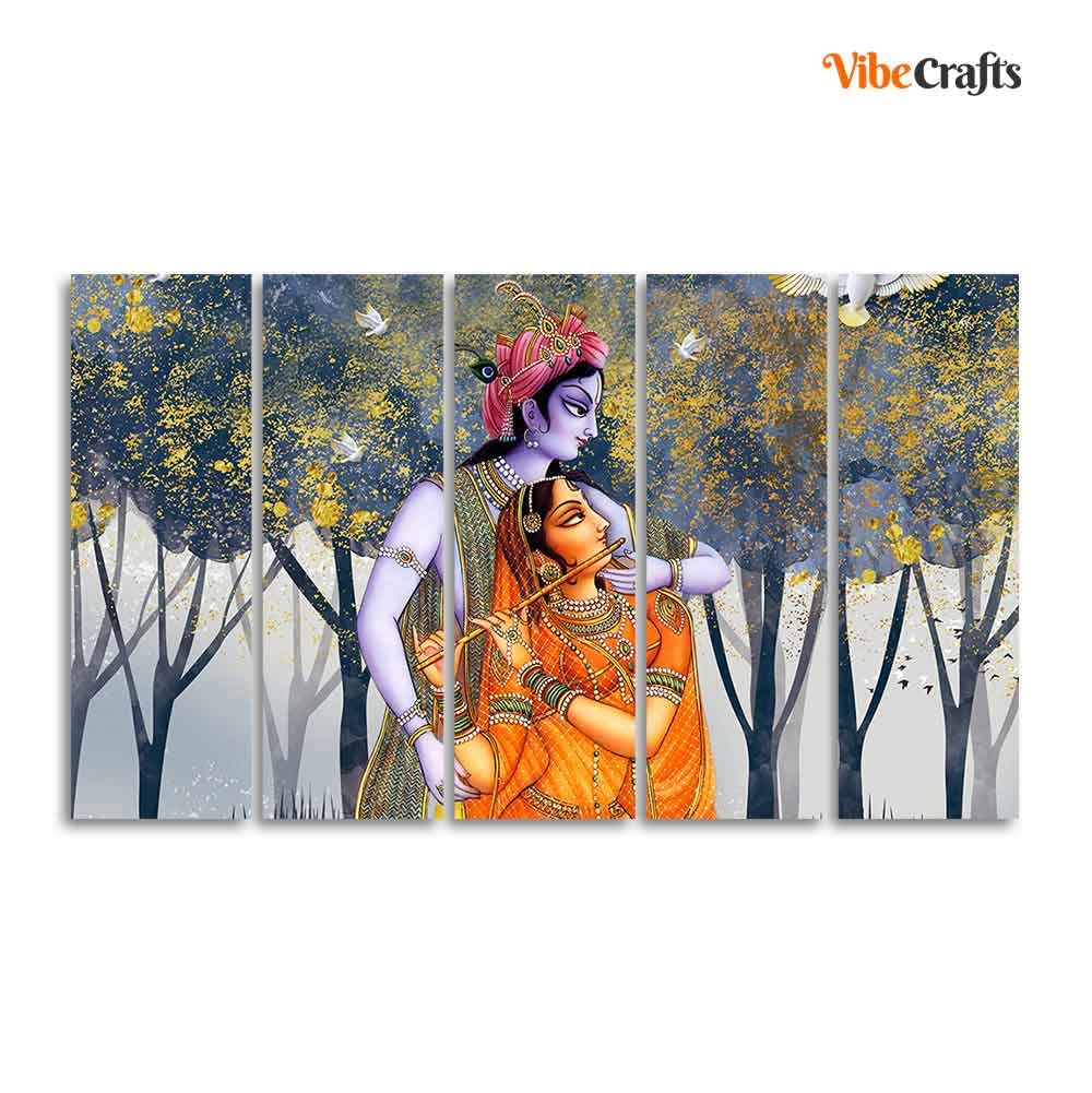 VIBECRAFTS Radhe Krishna Canvas Wall Painting Set of Five Pieces For Home|Office|Living Room|Gift (PTVC5Pcs4_8744)