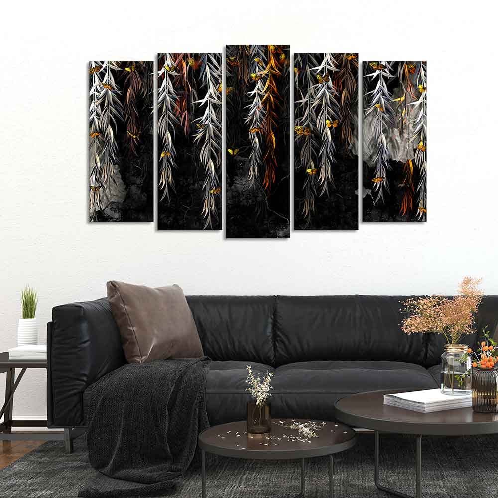 VIBECRAFTS Willow Branches with Gold Butterflies Wall Painting Set of Five Pieces For Home|Office|Living Room|Gift (PTVC5Pcs2_6602)