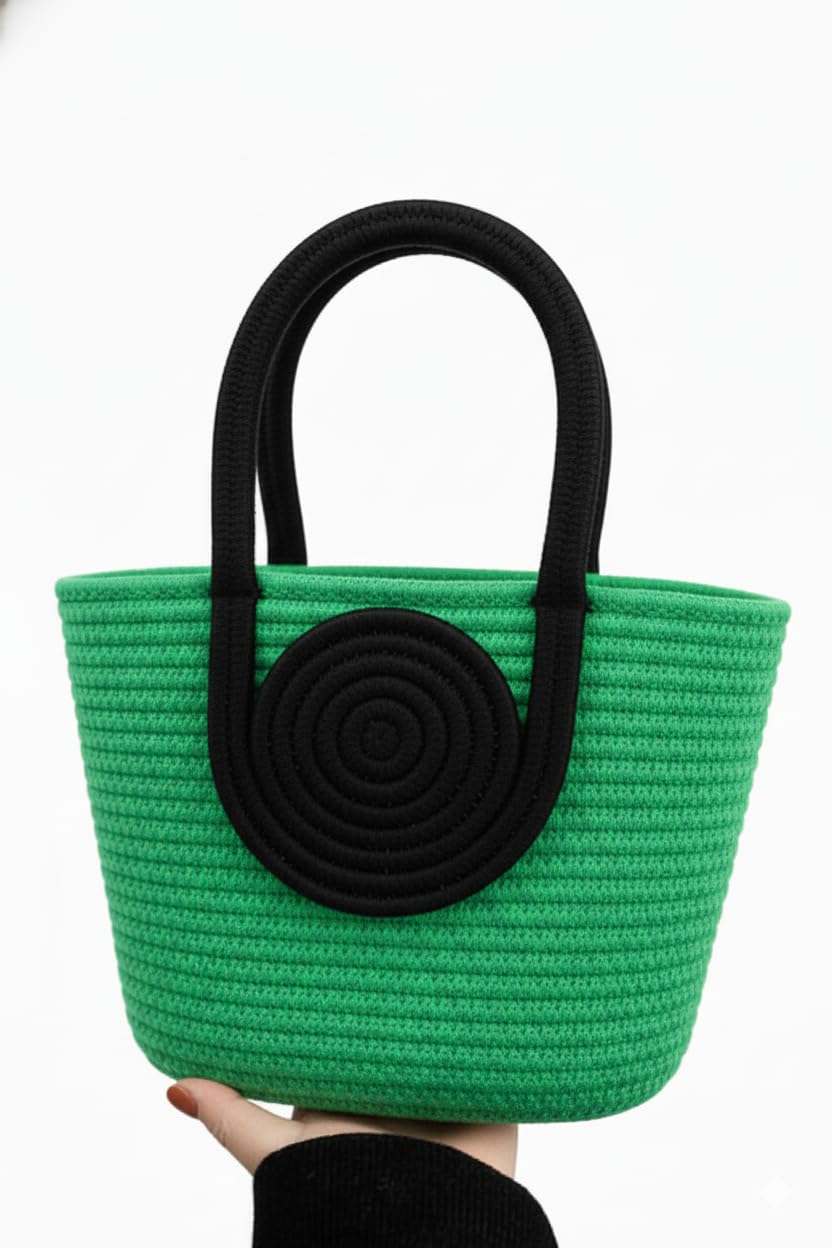 RUGSZONE Attractive Hand Bag | Large Tote | Summer Bucket | Bamboo Beach Basket for Women | Boho Handbag | Jute Handmade (Green)