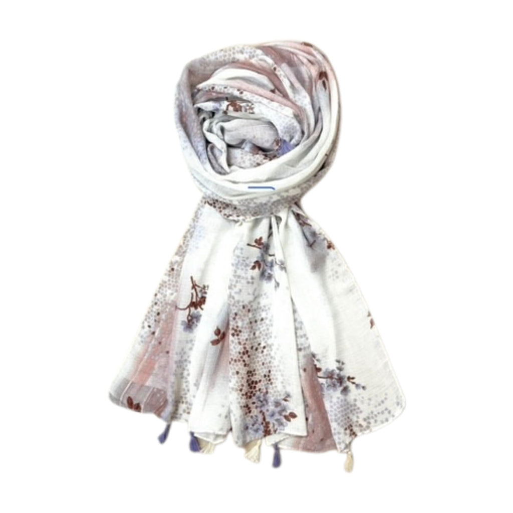 FAHABO Scarf Woman Floral Print Premium Mal Mal Textured Cotton Scarves with Tassels | Hijab Scarf | Headscarf | Neck Scarf | Stoles | Wraps | Size 71 L x 33 W (Elegance Purple, Peach)