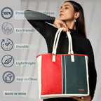 ENSAC Premium Cotton Tote Bag for Women, Stylish Handbag for women with Zip Closure | Fit for Office Bag, College, Travel Use | Handcrafted in India (Cutwork-tote-big) (Red-Black)