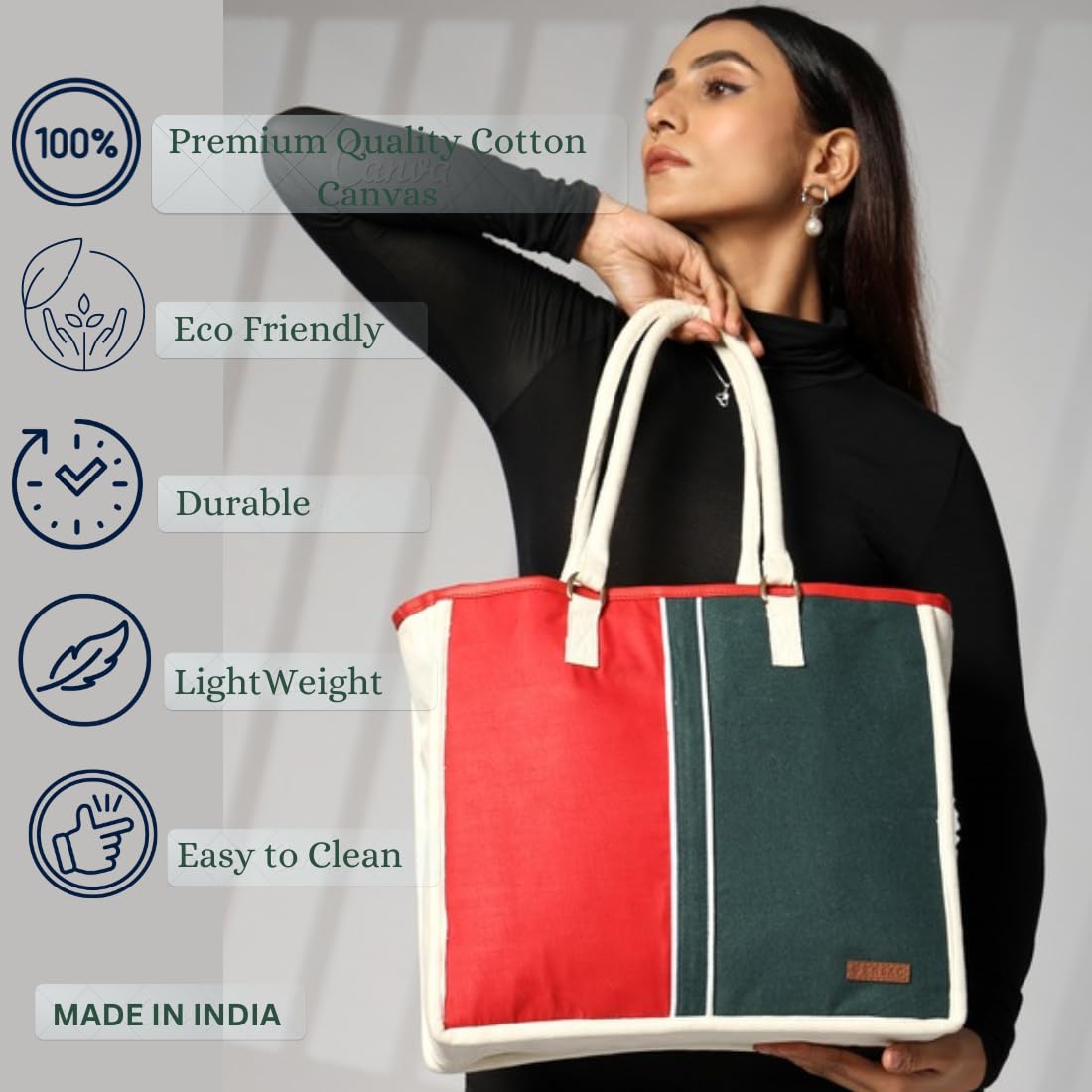 ENSAC Premium Cotton Tote Bag for Women, Stylish Handbag for women with Zip Closure | Fit for Office Bag, College, Travel Use | Handcrafted in India (Cutwork-tote-big) (Red-Black)