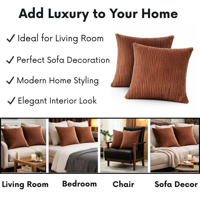 RD TREND® Cushion Cover Set of 2, Decorative Sofa Living Room Home Square Cushion Covers 24 Inch x 24 Inch, Aesthetic Corduroy Striped Double Sided (Coffee)