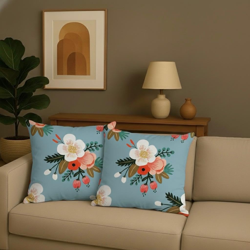 AMAZE ATTIRES Velvet Cushion Cover 16x16 Inch – Set of 4 Decorative Throw Pillow Covers for Sofa, Couch or Bed – Designer Printed Square Cushion Covers – Home Decor (Blue Floral)