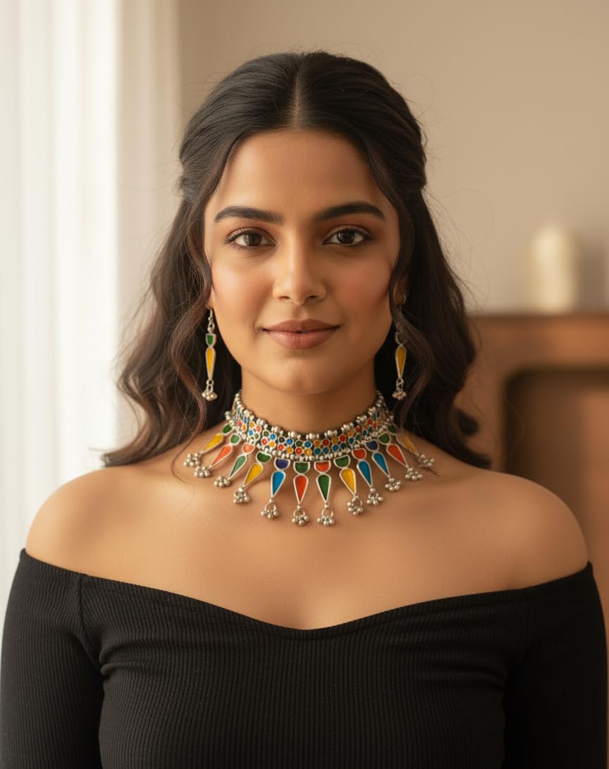 SNEHKRITI Multicolour Oxidised Silver Choker Necklace Set with Earrings, Traditional Tribal Mirror Finish Enamel Jewellery, Handmade Statement Ethnic Necklace for Festive