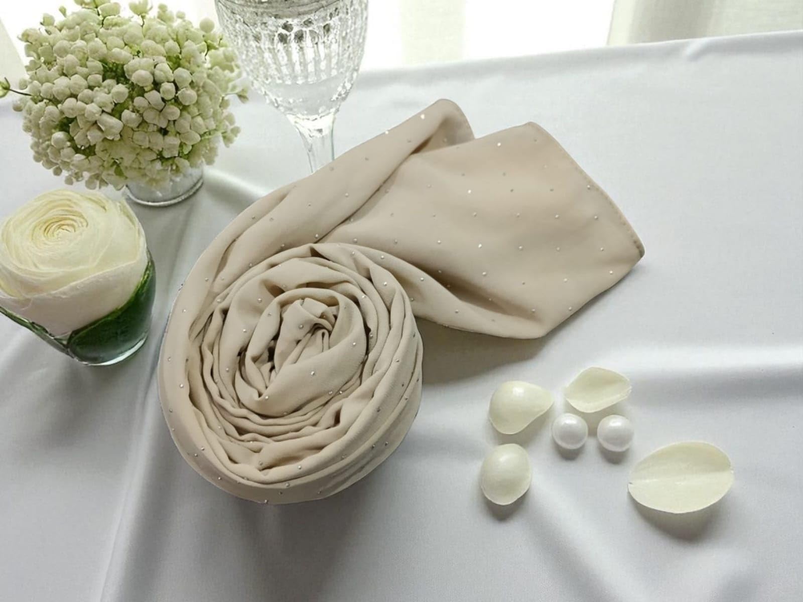 Premium Rhinestone Hijab | Korean Georgette | 70 x 30 Inch | Sparkle Scarf for Women | Soft & Lightweight Fabric (BEIGE)