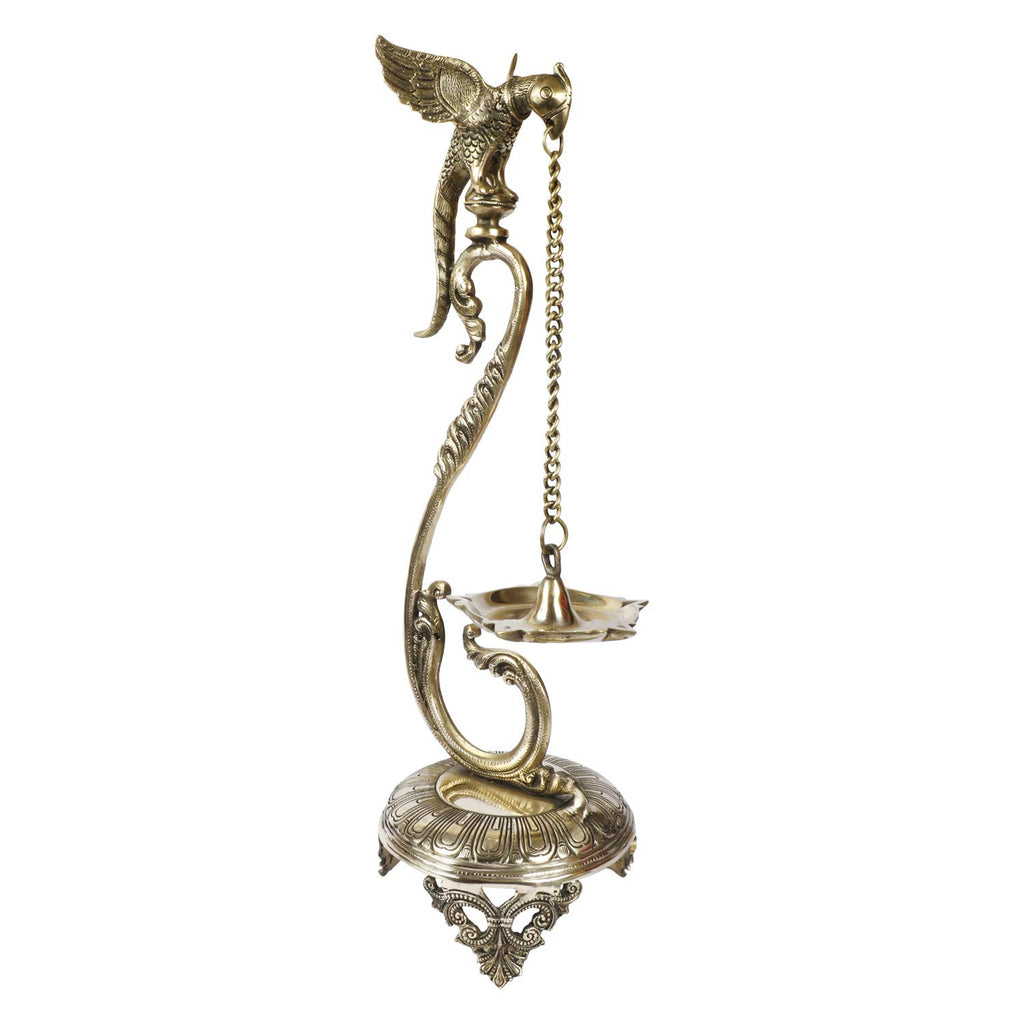 Svarup 24 Inch Gold Color Brass Parrot Long Chain Oil Lamp Diya: Perfect for Home Temple, Deepak Pooja, Camphor/Kapur Burner, Dia Table Top Puja, and Jyot Lighting