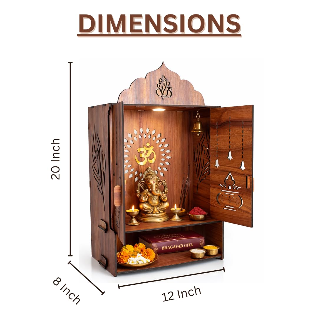Gloridec Wooden DIY Pooja Temple for Home with Door | Pooja mandir with Door Wall Mounted Temple with LED Light | Home Mandir for Puja Room, Living Room & Office (49 x 30 x 20 CM)