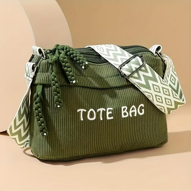Street27 Women’s Premium Corduroy Tote Bag with Adjustable Wide Strap, Multi-Pocket Crossbody & Shoulder Handbag, Lightweight Everyday Carry with Secure Zipper Closure | (Green)