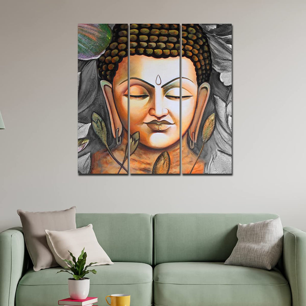 VIBECRAFTS Buddha Meditating 3 Pieces Canvas Wall Painting Fitted With Wooden Frame For Home | Office | Living Room | Gifts (PTVC3Pcs1_9598)