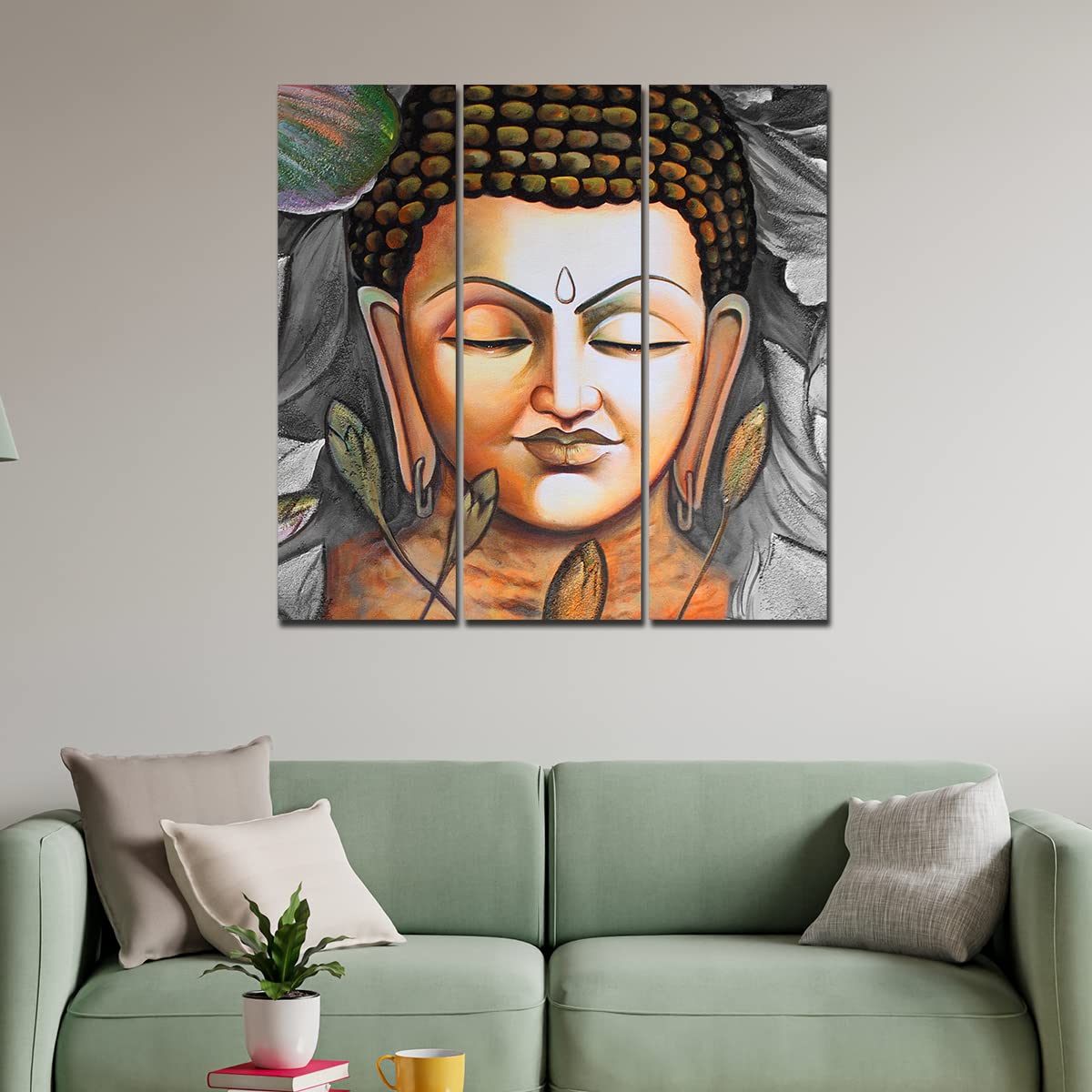 VIBECRAFTS Buddha Meditating 3 Pieces Canvas Wall Painting Fitted With Wooden Frame For Home | Office | Living Room | Gifts (PTVC3Pcs1_9598)