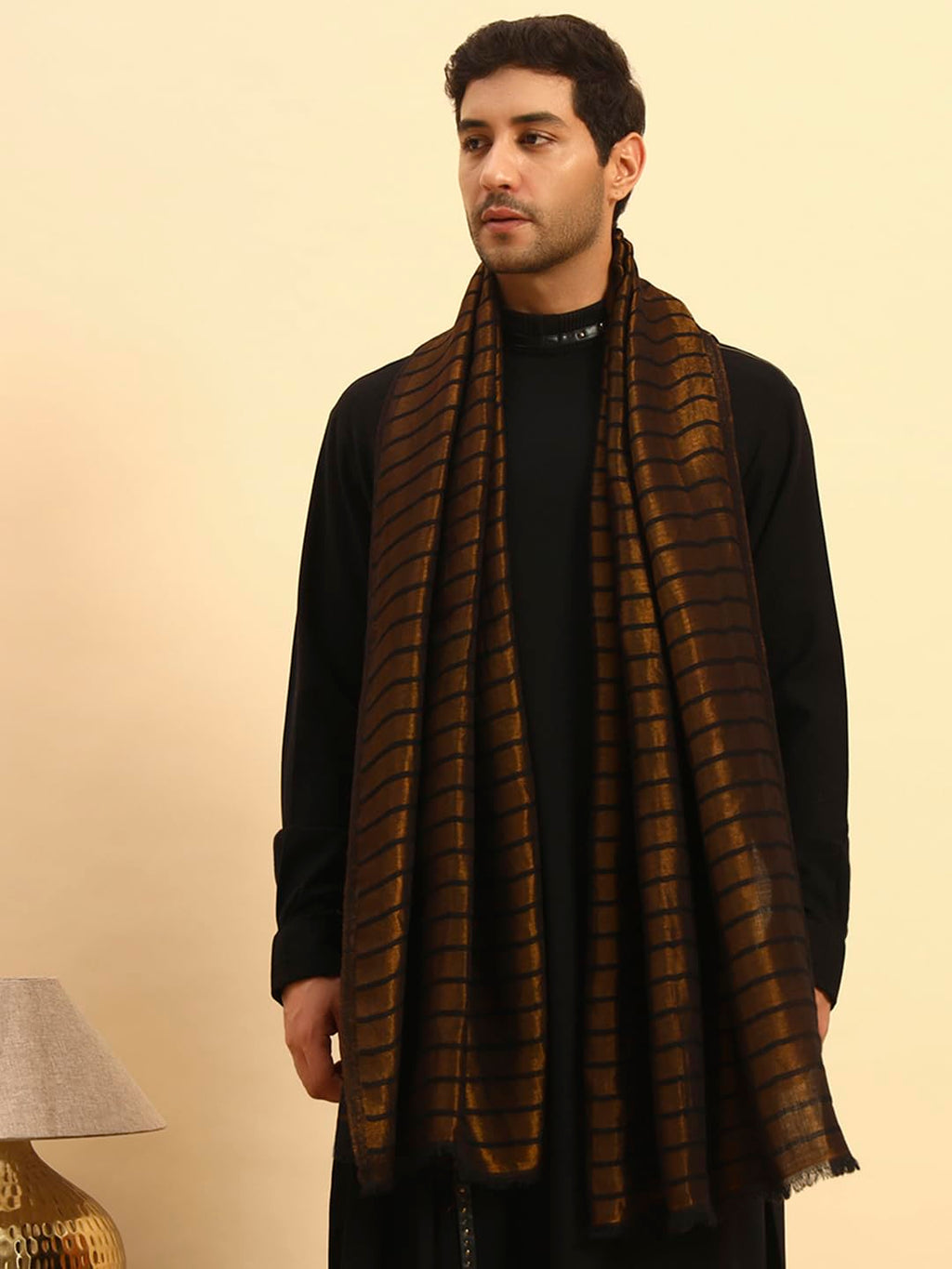 Pashmoda Men Golden Mirage Reversible Zari Moonlight Fine Wool Stole (Size-28x80in, 71x203cm) MZSST05