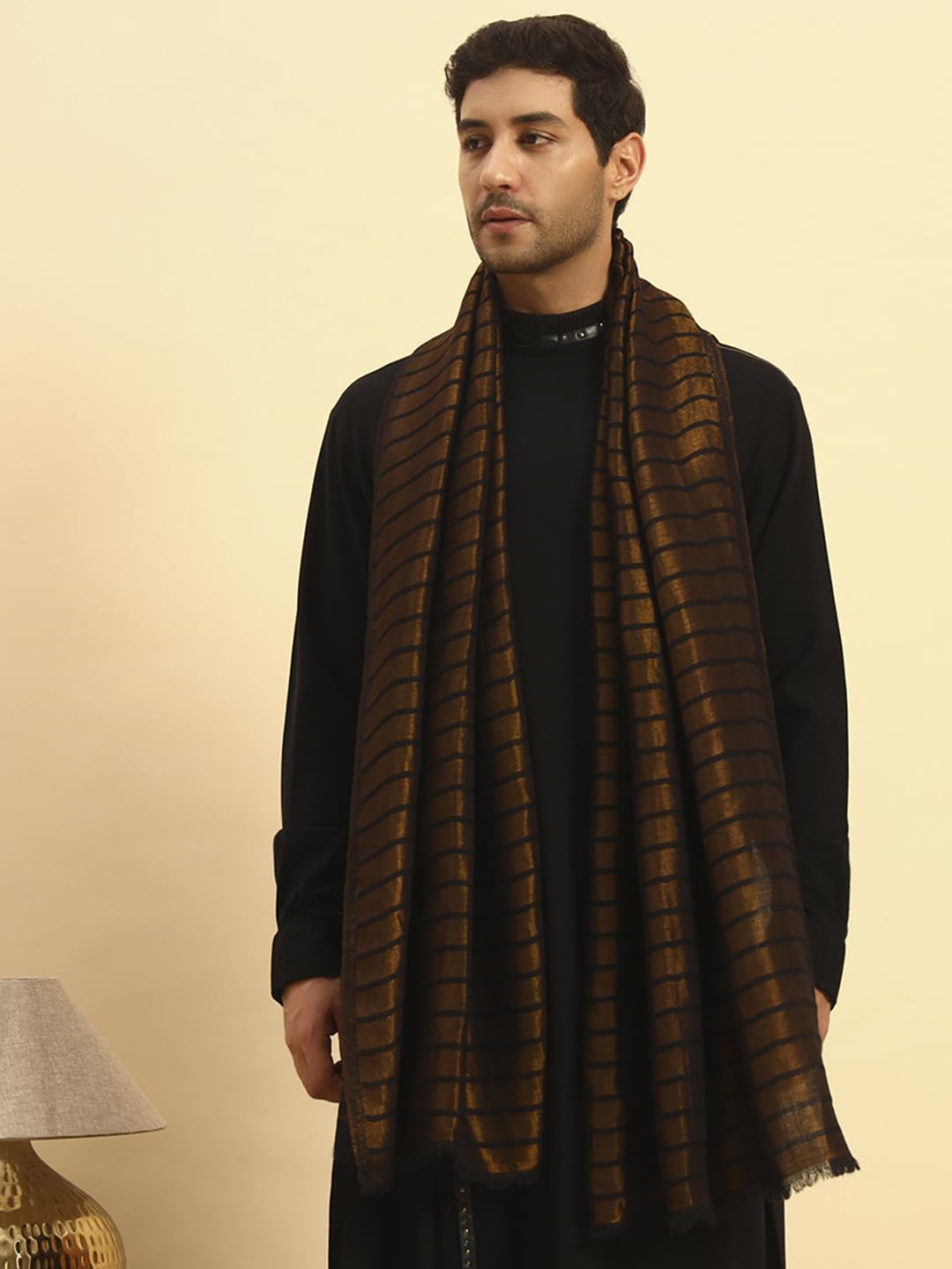 Pashmoda Men Golden Mirage Reversible Zari Moonlight Fine Wool Stole (Size-28x80in, 71x203cm) MZSST05