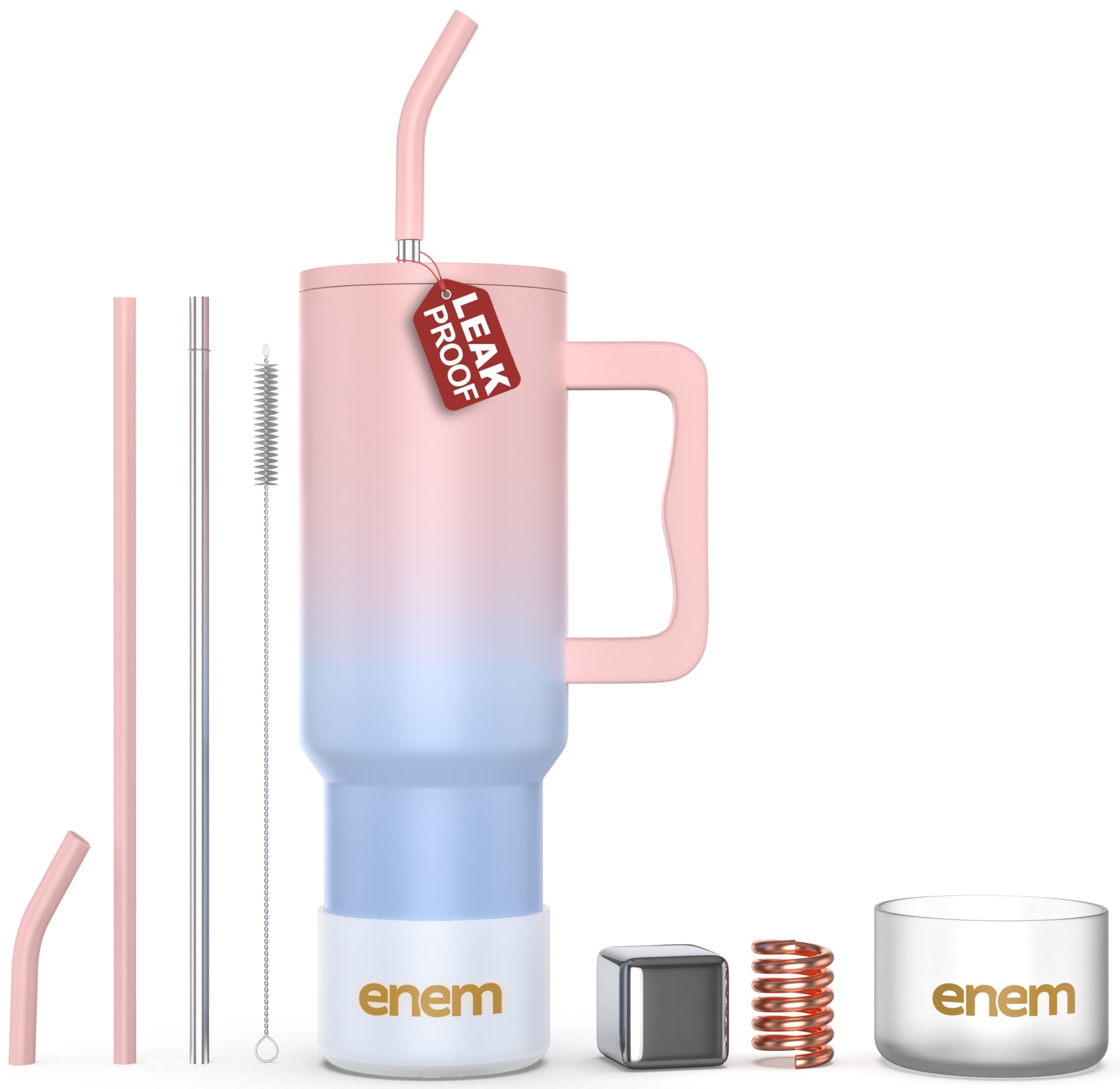 enem Tumbler, Tumbler with Metal Straw, Sipper, with Lid Leak Proof, 1 Metal Ice Cube, 1 Copper Spring (Tamba), Base Protector, Mug Travel, 1.2L, Cotton Candy Cloud