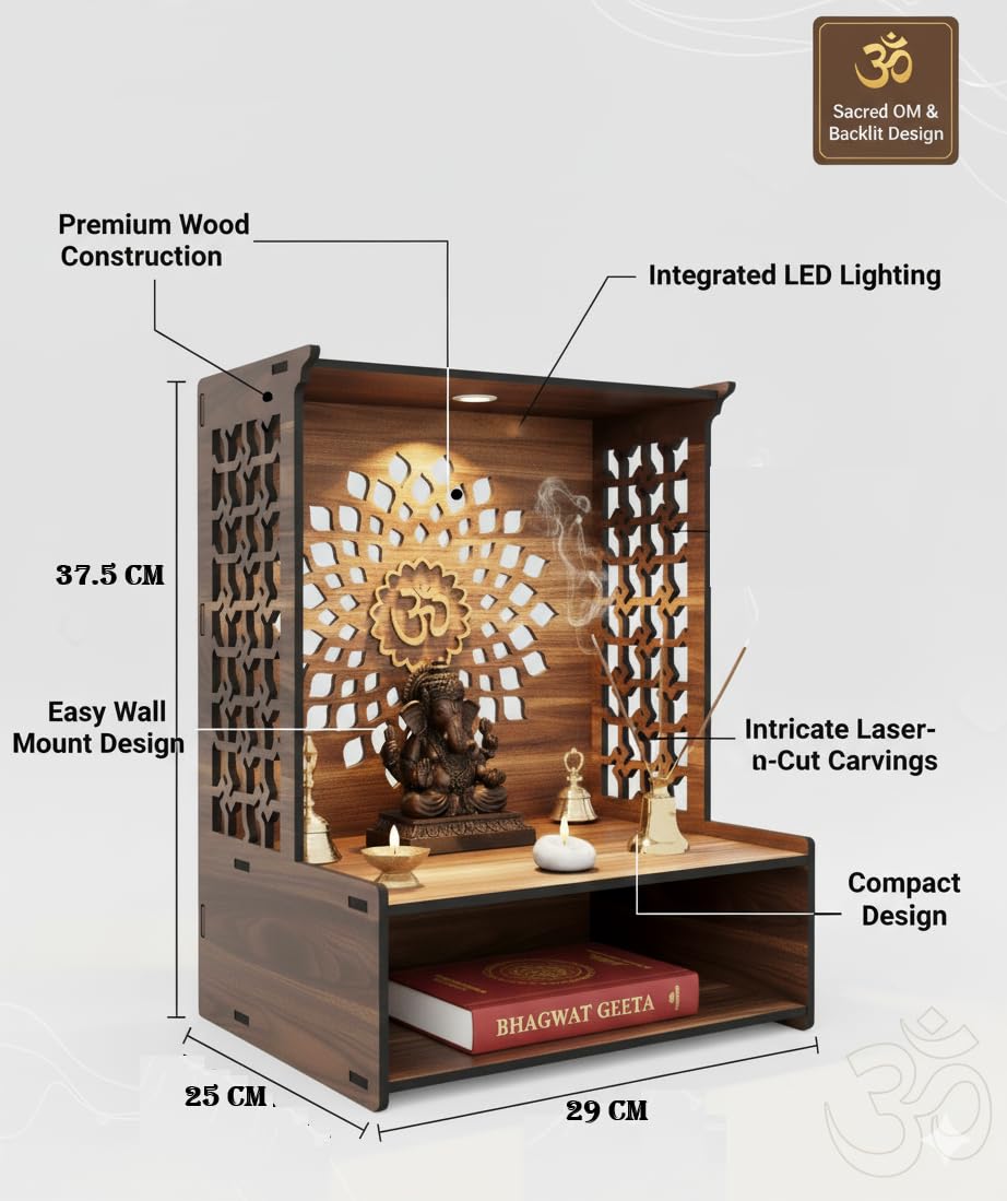 Royal Walnut Finish Wooden Pooja Mandir | Wall Mounted Home Temple with LED Lights & Spacious Storage | Premium Handcrafted Puja Unit (37.5 * 29 * 25 CM) (Large) A9