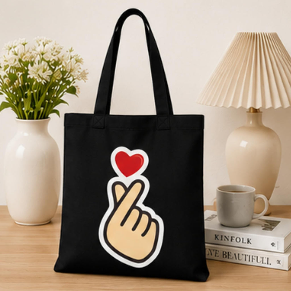 Adorvue New Launch Black Canvas Tote Bag for Women with Korean Finger Heart Art | Premium Cotton Reusable Shopping Shoulder Bag | Cute Kawaii Eco-Friendly Tote for College, Office, Travel & Daily Use