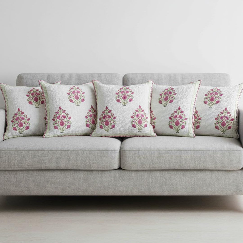 HOMEMONDE Quilted 24 X 24 Inches Soft Throw Cushion Cover - Pack of 2 Jaipuri Hand Block Print Cotton Pillow Covers, Pink, 300 TC