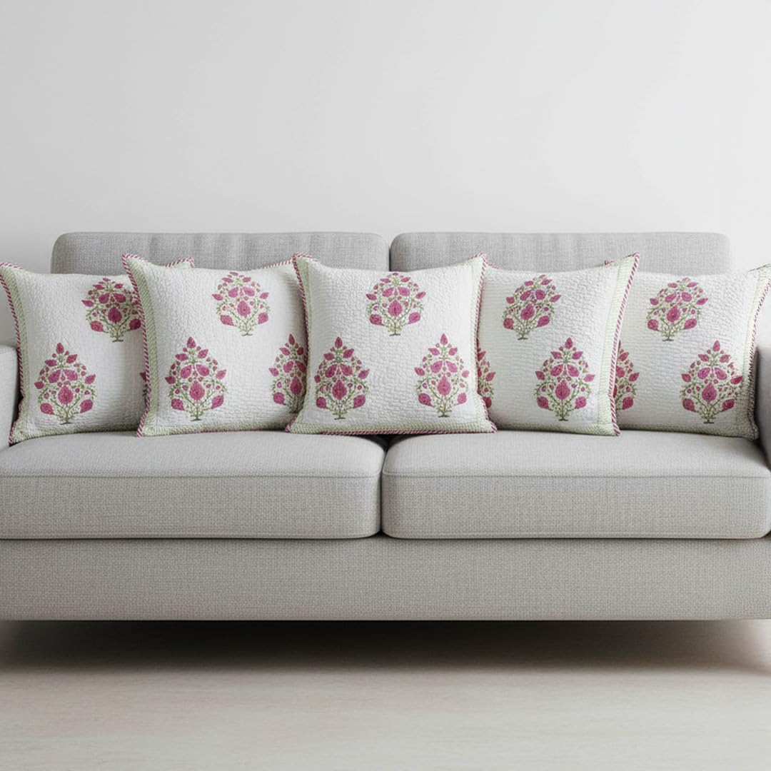 HOMEMONDE Quilted 24 X 24 Inches Soft Throw Cushion Cover - 1 Piece Jaipuri Hand Block Print Cotton 300 TC Pillow Covers, Pink
