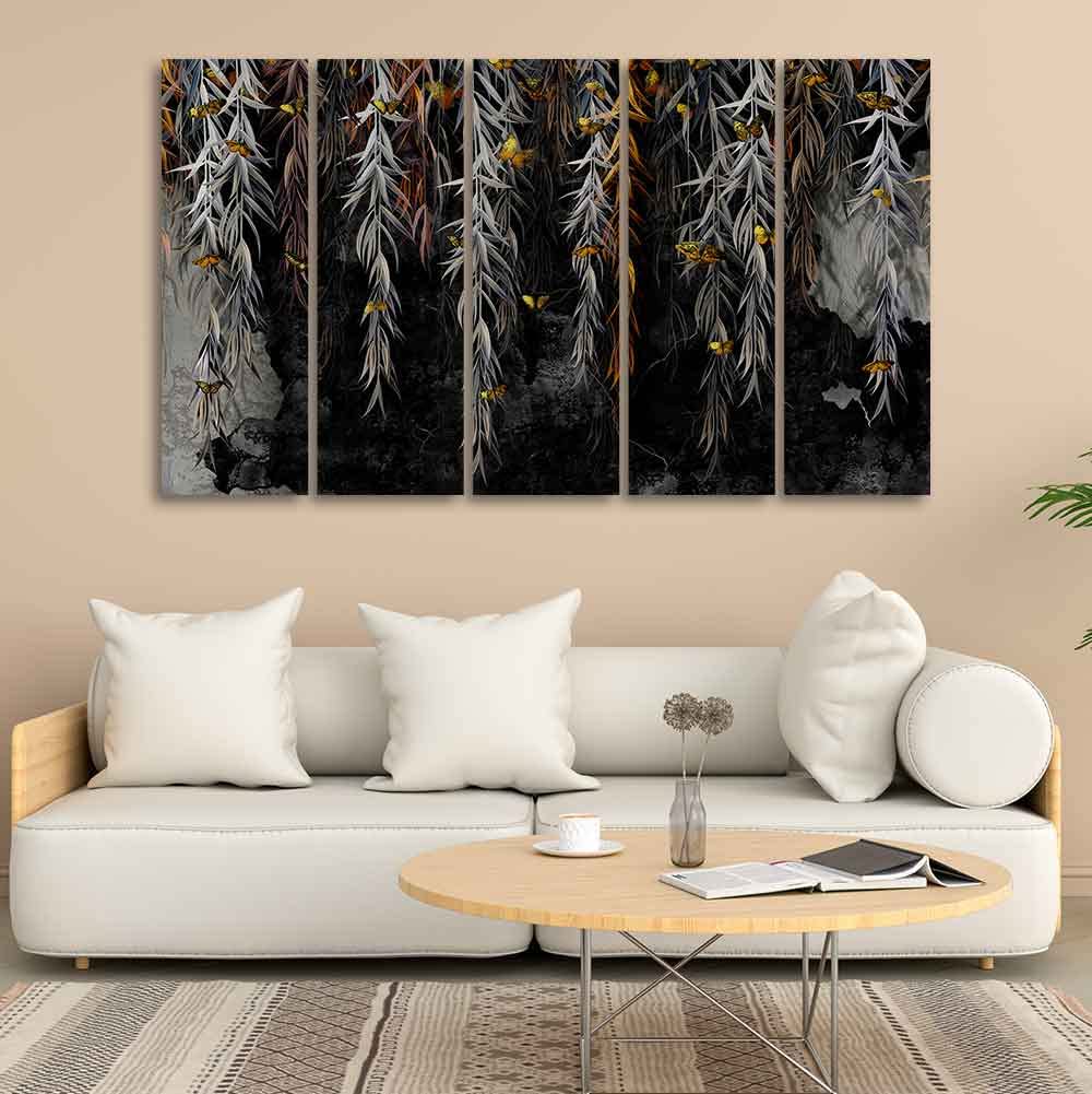 VIBECRAFTS Willow Branches with Gold Butterflies Wall Painting of Five Pieces For Home|Office|Living Room|Gift (PTVC5Pcs4_8723)