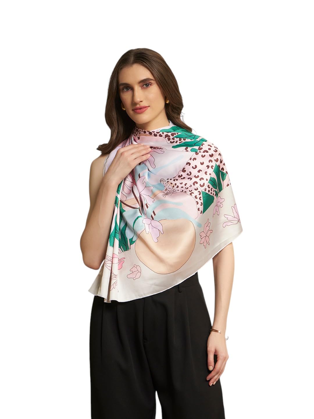 Ravaiyaa - Attitude is everything Women Silk Digital Print Large Square Scarf Breathable Lightweight Neckerchief Printed Headscarf 40 x 40 Inch (Peach Tiger & Panther)