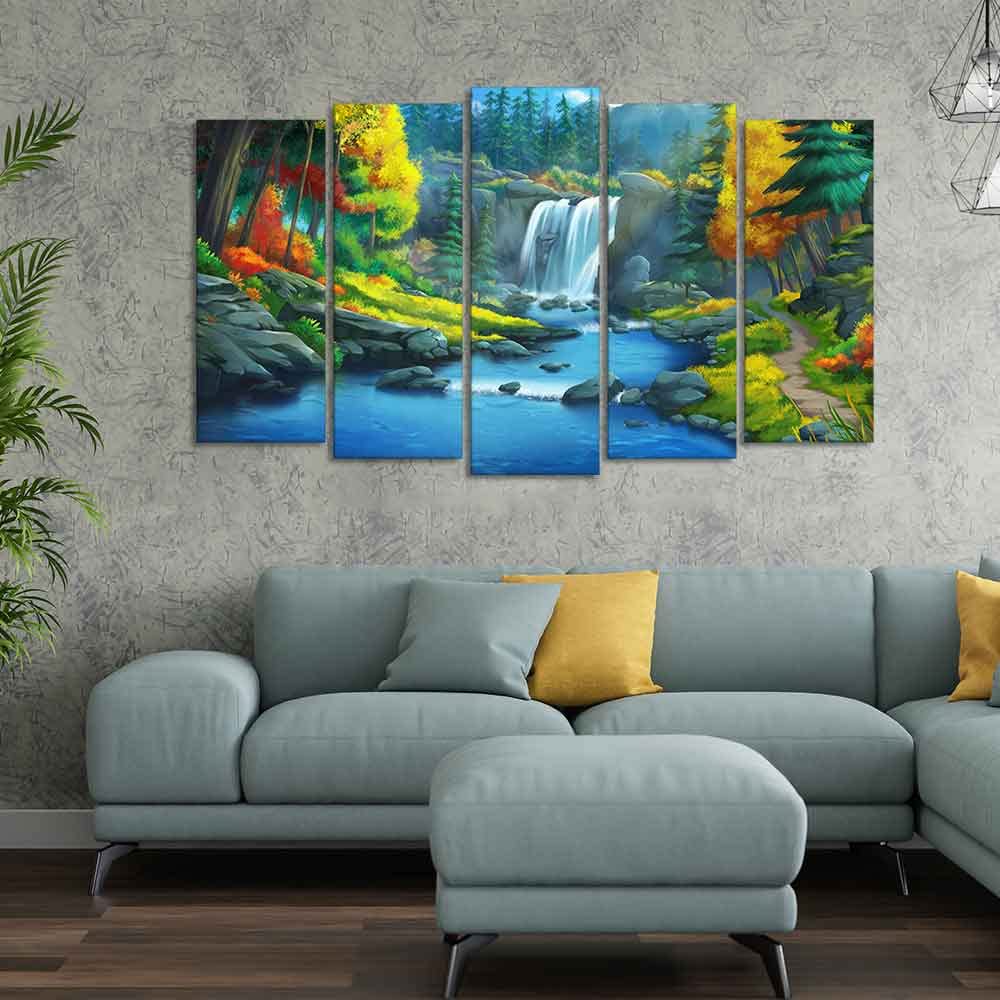 VIBECRAFTS Beautiful Scenery of Waterfall in Forest Canvas Wall Painting Five Pieces For Home|Office|Living Room|Gift (PTVC5Pcs2_6545)