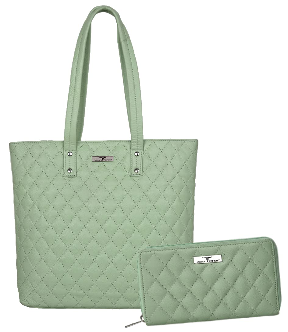 URBAN FOREST Nancy Mint Green Quilted Leather Handbag & Mint Green Quilted Leather Wallet Combo Gift Set for Women