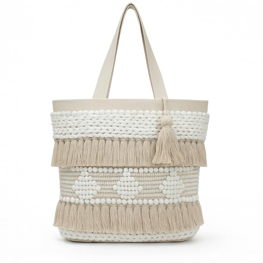 Boho Tote Bag for Women – Cotton Rope Woven Shoulder Bag with Tassels, Handmade Macrame Beach Tote, Large Eco-Friendly Summer Handbag for Travel, Shopping & Everyday Use