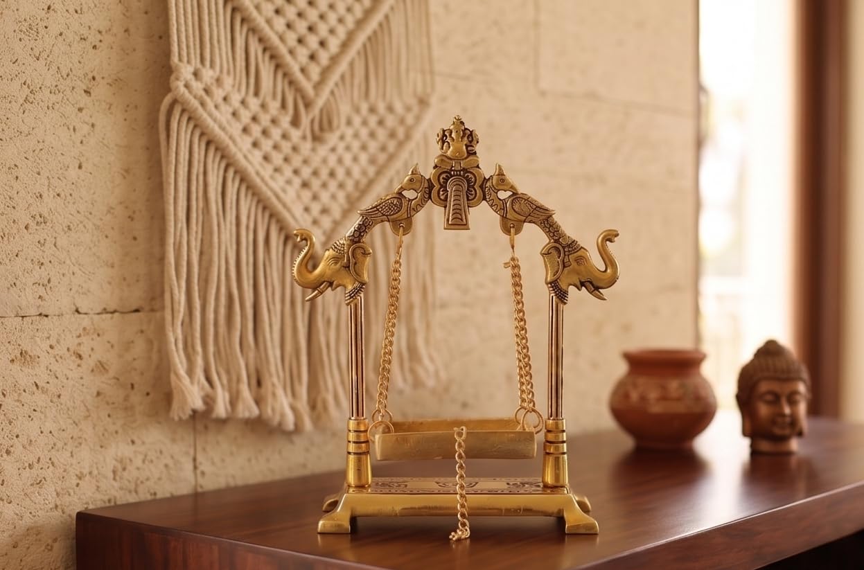 KridayKraft Gold Plated Metal Laddu Gopal Jhula with Elephant & Peacock Carving, Small Swing/Palna for Kanha Ji, Janmashtami & Home Pooja Mandir Decor