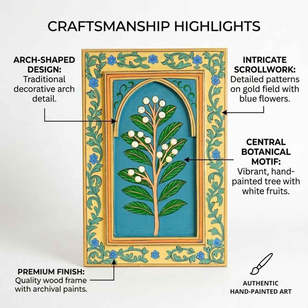 ATRANGI STUDIO Motiphool Handpainted Wooden Wall Frame | Rajasthani Traditional Craft | Decorative Floral Wall Hanging Art for Living room, Bedroom, Office | 12×18 Inch, Teal