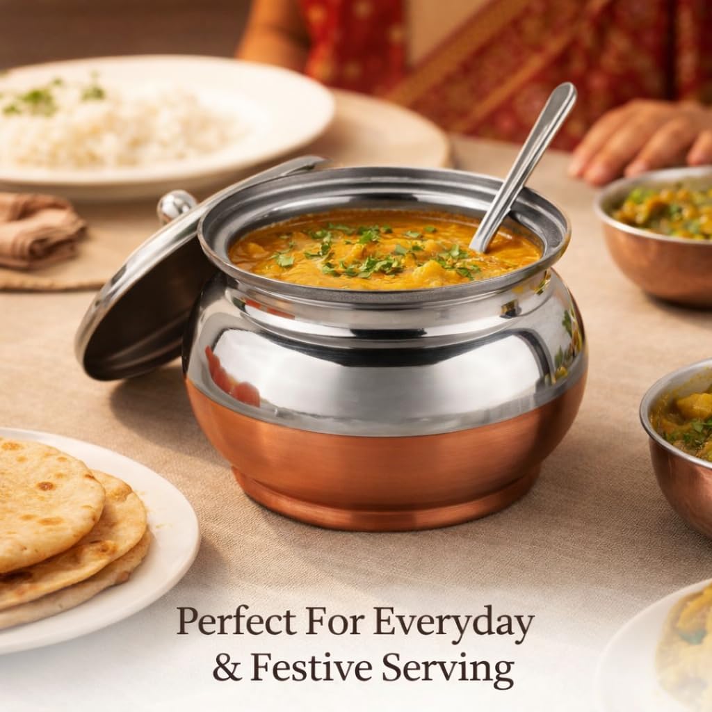 NIRON Multipurpose Stainless Steel Copper Bottom Ghee Pot 450ml | Ghee Container with Lid & Spoon | Traditional Ghee Dani for Butter Oil Storage | Mirror Finish Rust Resistant Kitchen Serving Pot