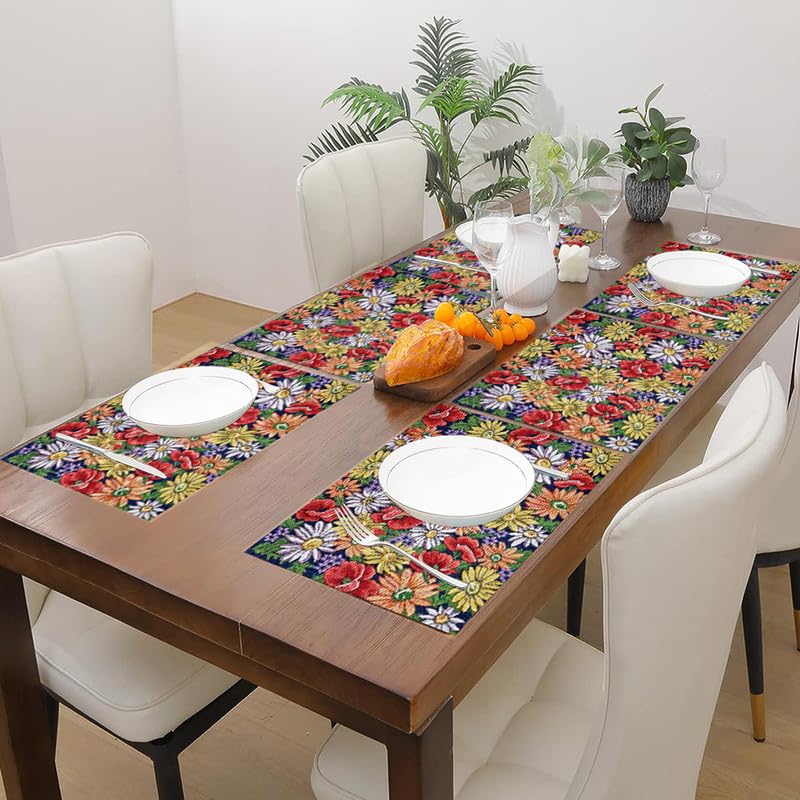 PRAKARTIK BY INDUARTS Spring Floral Eco-Friendly Cotton Dining Table mats – Reusable, Machine Washable, Everyday Use Multi Rectangular Placemats, Set of 6 (33x47 cm) Kafalo