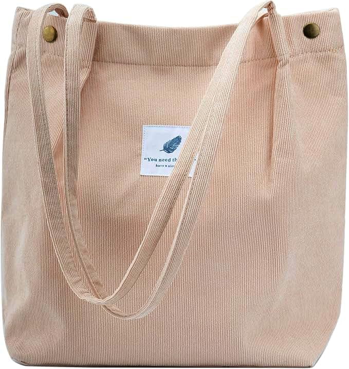 Lyrovo Women Corduroy Shoulder Tote Bag for Work Beach Travel and Shopping Grocery (Beige)