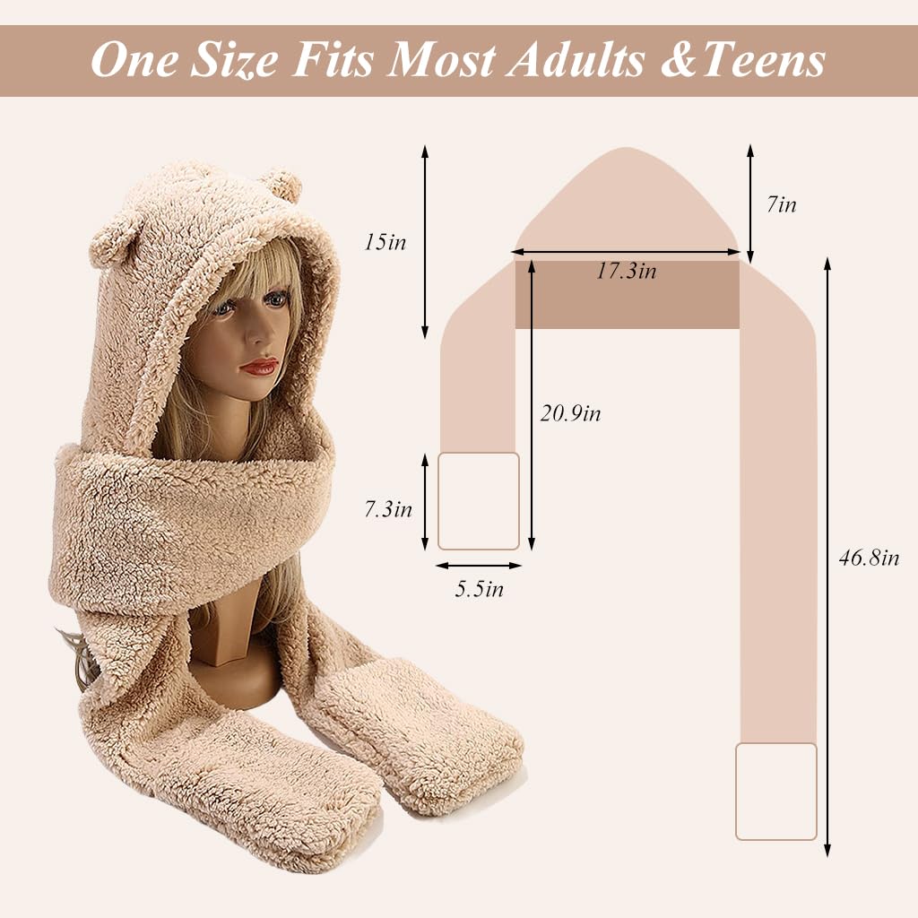 PALAY Bear Ear Winter Cap for Women with Long Scarf and Integrated Gloves