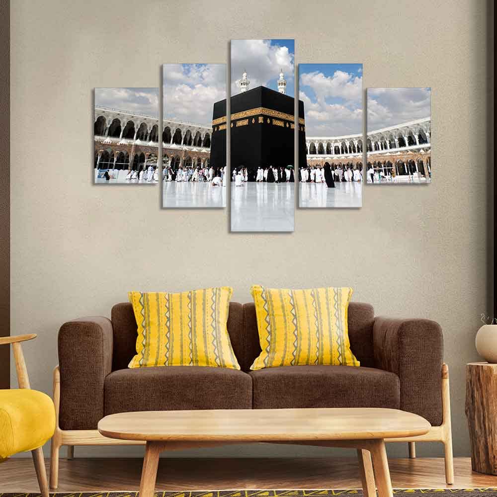 VIBECRAFTS Masjid Al Haram Canvas Wall Painting of Five Pieces Set For Home|Office|Living Room|Gift (PTVC5Pcs1_5520N)