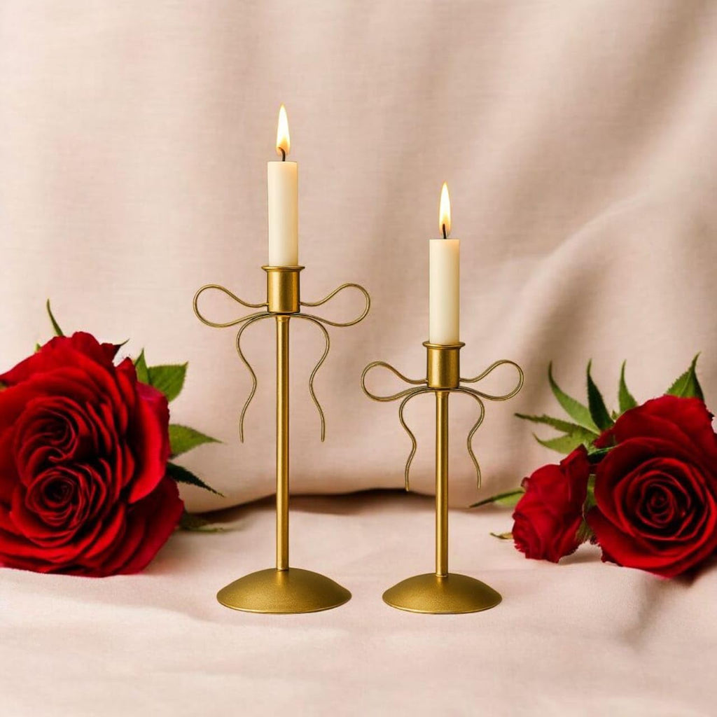 VELMORE Sky Golden Metal Candle Holder Set of 2, 6 and 8 Inch Taper Candle Stand, Minimalist Home Decor for Bedroom, Table and Living Room