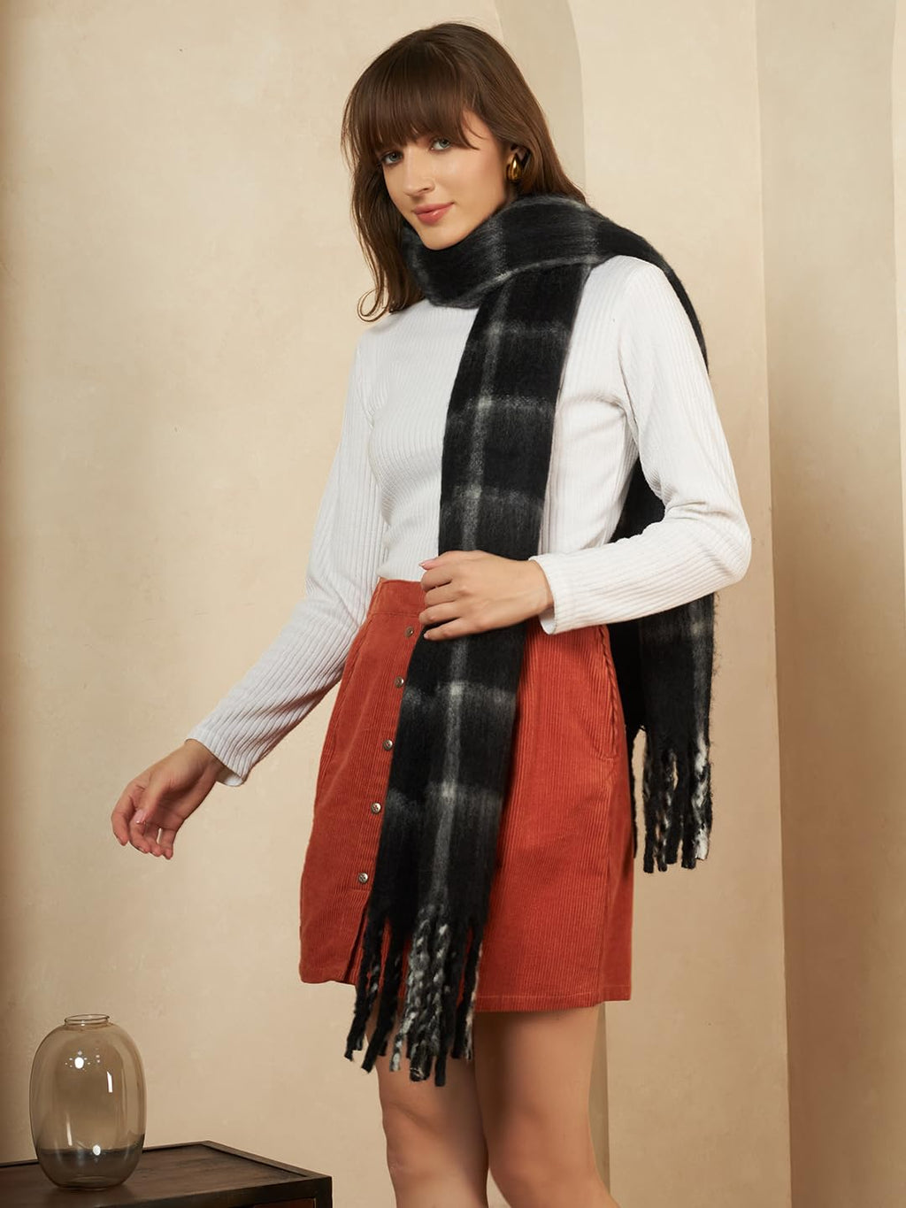 Ravaiyaa - Attitude is everything Women Reversible Acrylic Wool Scarf Winter Wear Muffler Designer Scarves 72x14 Inch (Black Checks)