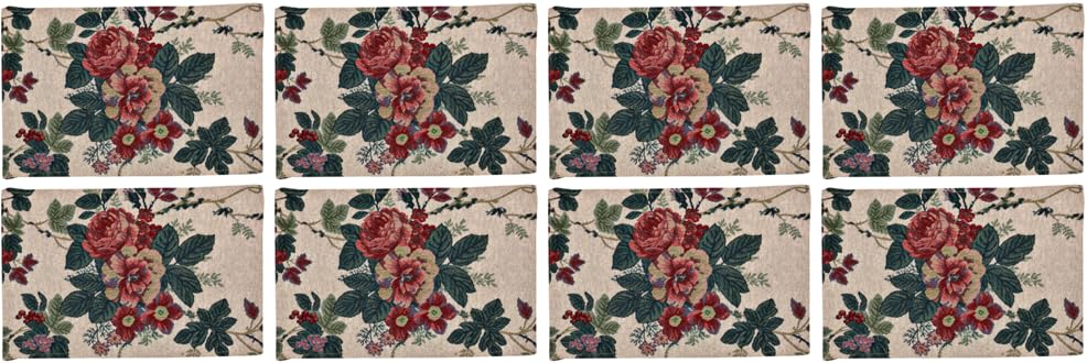 PRAKARTIK BY INDUARTS 100% Cotton Rose Floral Rectangular Dining Table Mat. Red Set of 8 Kafalo