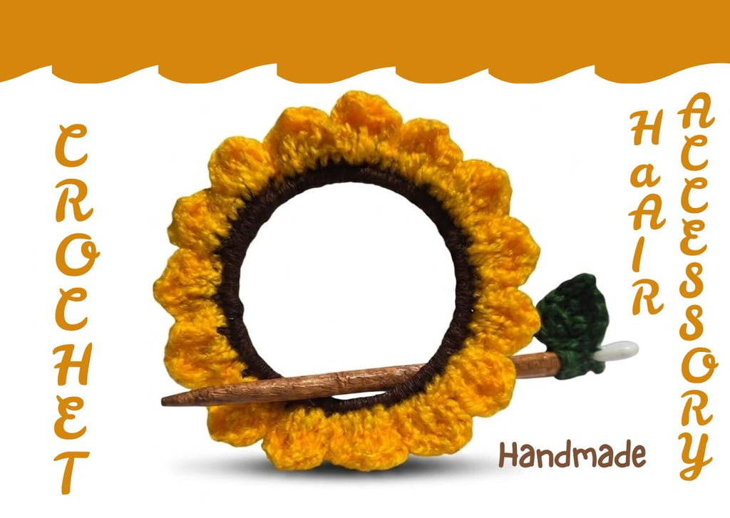 Handmade Crochet Sunflower Hair Bun Holder with Wooden Stick Pin, Yellow Floral Hair Accessory